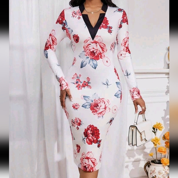 Floral Print V Neck Fitted Dress, Elegance For Autumn/Winter